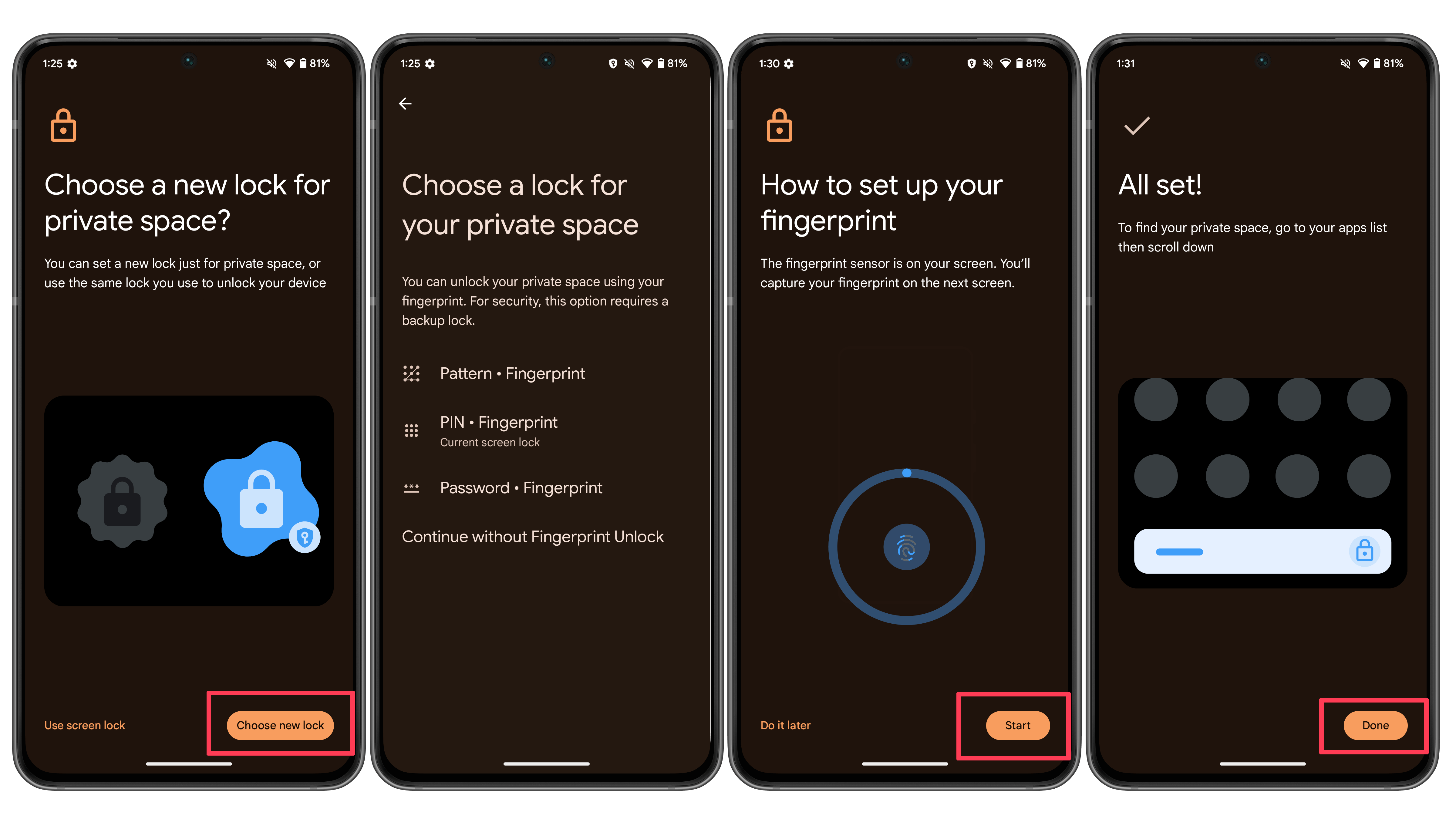 Captures d'écran du procesus d'activation d'Espace privé