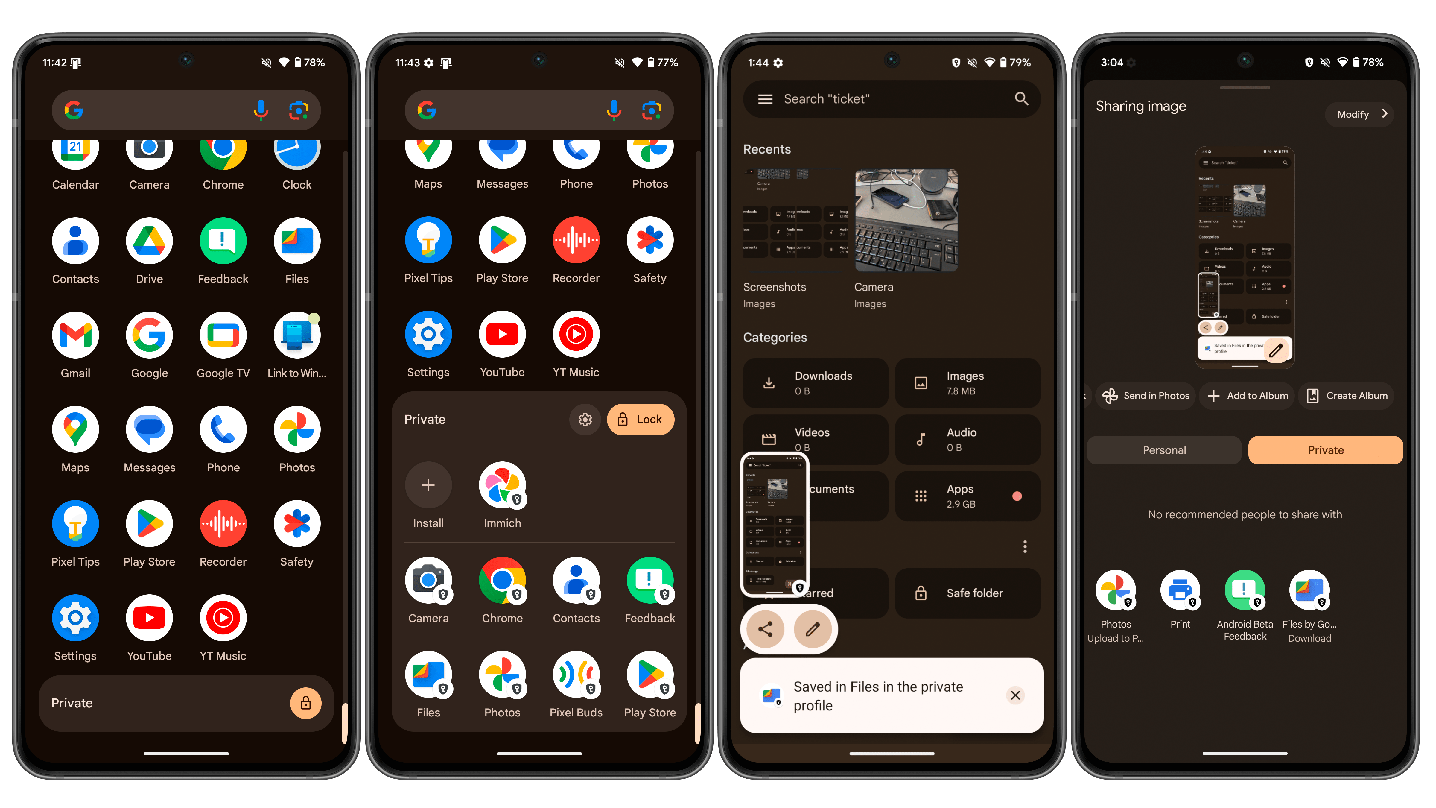Captures d'écran de la fonction Espace privé d'Android 15