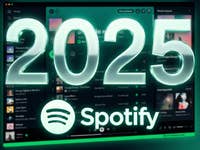 Une capture d'écran floue de l'interface de Spotify, au premier plan un grand 2025 et un logo Spotify.