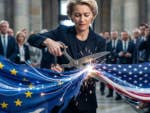 Ursula von der Leyen coupe en deux les drapeaux des États-Unis et de l'UE à l'aide de ciseaux.