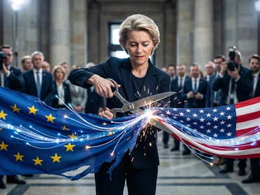Ursula von der Leyen coupe en deux les drapeaux des États-Unis et de l'UE à l'aide de ciseaux.