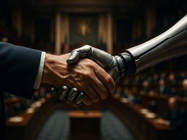 Une main humaine et une main robotique se serrant dans un cadre formel.