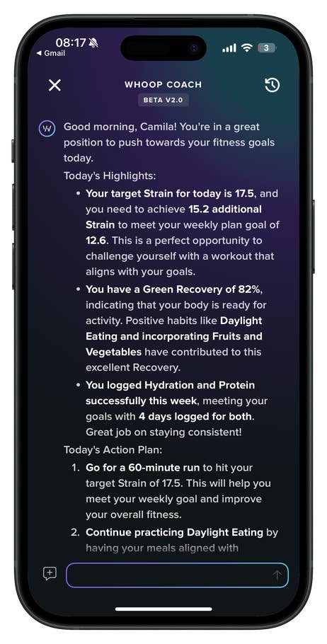 Écran de lu0027application WHOOP Coach avec des objectifs de fitness personnalisés et un plan du0027action pour lu0027utilisateur.