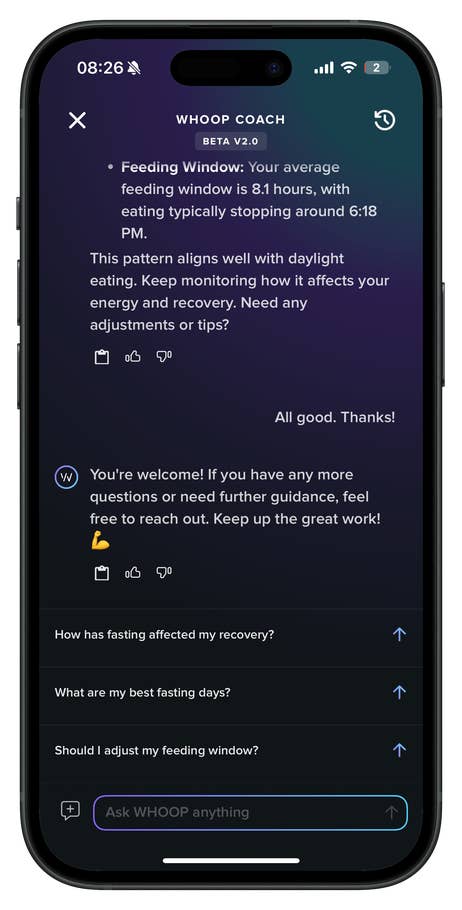 Interface du coach WHOOP affichant des conseils sur la fenêtre alimentaire et des questions du0027utilisateur.