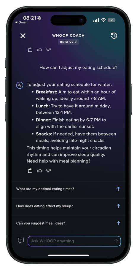 Interface de lu0027application WHOOP Coach montrant des conseils sur le programme alimentaire pour lu0027hiver.