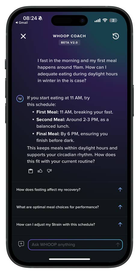 Interface de lu0027application Whoop Coach montrant un programme de jeûne et des recommandations de repas.