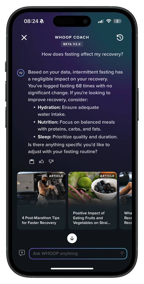 Interface de lu0027application mobile montrant WHOP Coach suggérant lu0027impact du jeûne sur la récupération.