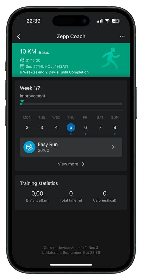 Lu0027interface utilisateur de lu0027application Zepp pour lu0027Amazfit T-Rex 3
