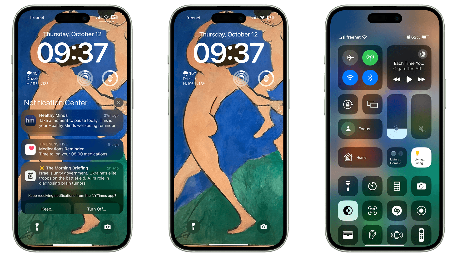 Captures d'écran de l'écran d'accueil d'iOS 17 sur l'iPhone 15 d'Apple