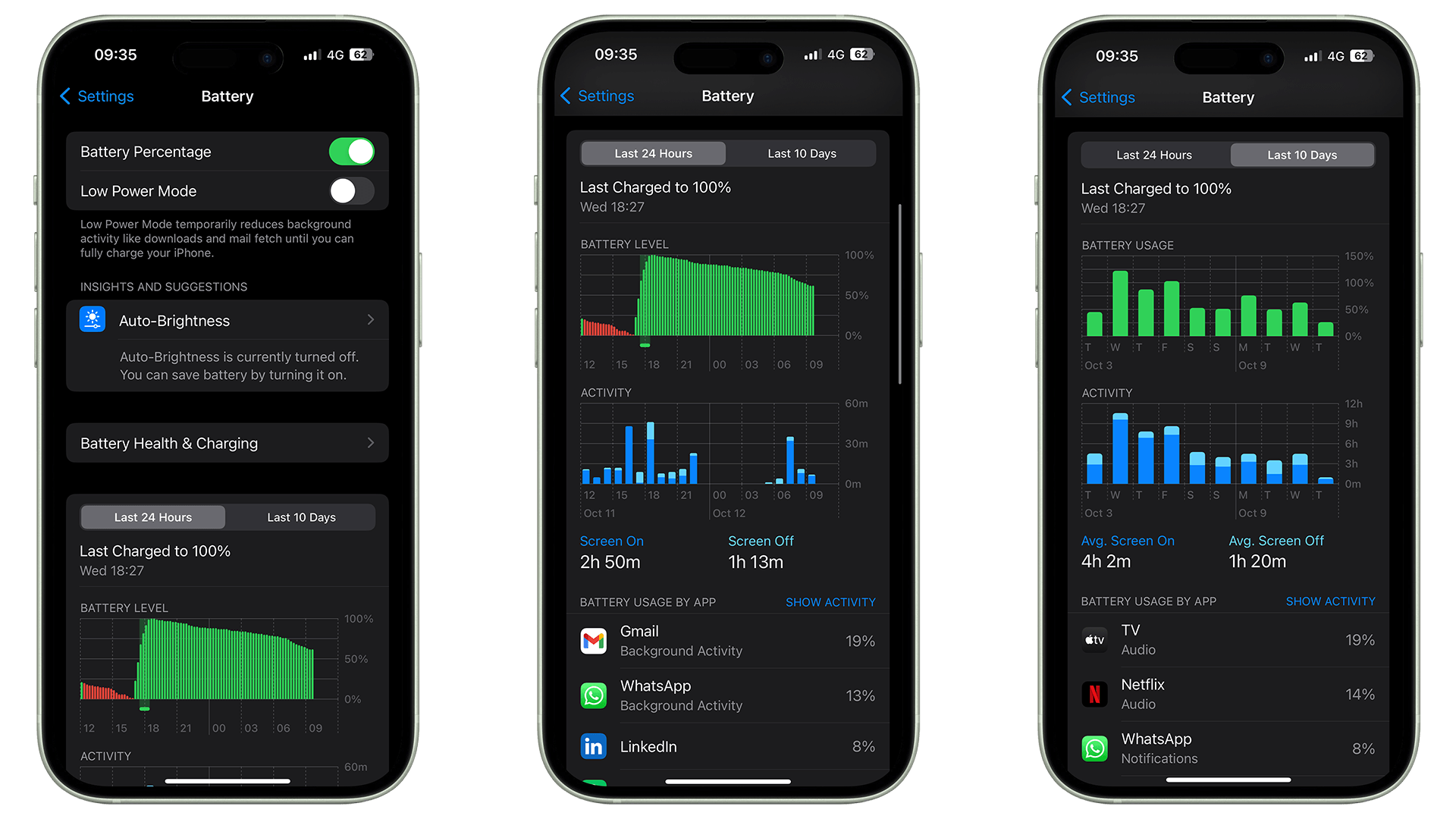 Captures d'écran de l'utilitaire de batterie sur l'iPhone 15 d'Apple