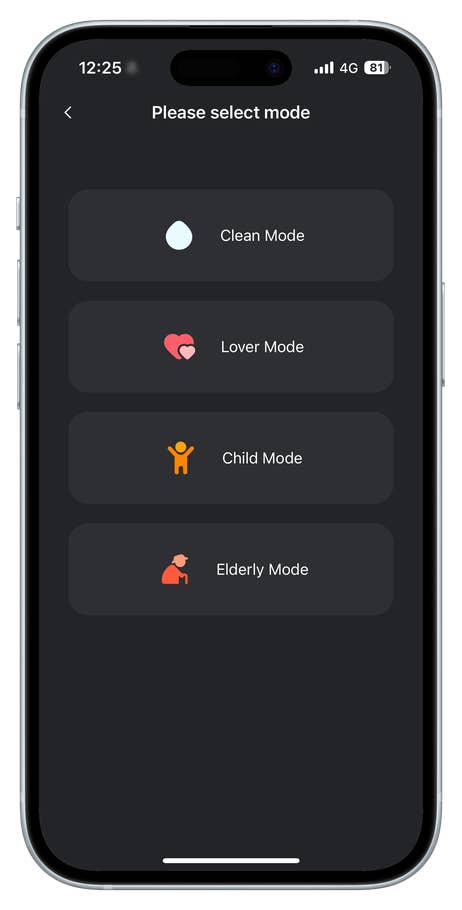 Interface mobile affichant la sélection de mode pour Bebird : Propre, Amant, Enfant, Aîné.
