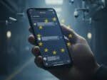 Une main tient un smartphone affichant des messages, entourée de caméras de surveillance et d'étoiles de l'UE.