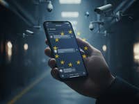 Une main tient un smartphone affichant des messages, entourée de caméras de surveillance et d'étoiles de l'UE.
