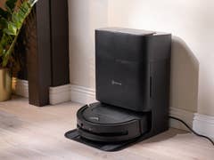Un aspirateur robot Ecovacs T50 Omni noir à côté d'une plante contre un mur.
