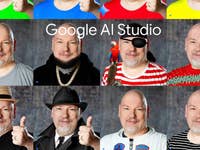 Un collage d'un homme avec différentes tenues, chacune faisant un pouce en l'air ; le texte indique 'Google AI Studio'.
