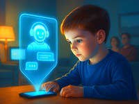 Un enfant interagit avec un smartphone affichant un assistant virtuel.