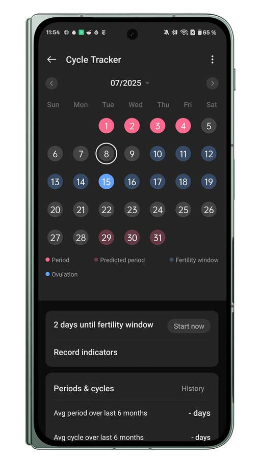 Lu0027interface de suivi du cycle affiche un calendrier au mois de juillet 2025 avec des indicateurs.