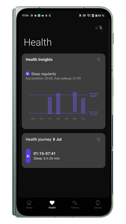 Lu0027application OnePlus Watch 3 Health montrant des indicateurs, avec durée de sommeil moyenne.