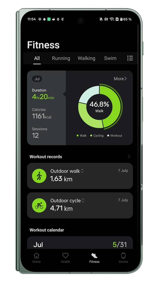 Interface de lu0027appli Fitness montrant la durée de lu0027exercice et des statistiques sur un écran.