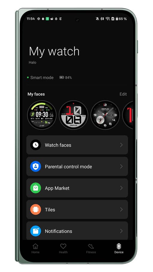Interface de OnePlus Watch 3 montrant des options comme le contrôle parental ou la boutique du0027appli.