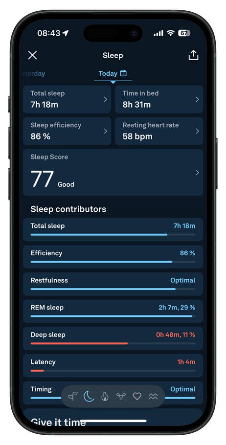 App de suivi du sommeil du0027Oura Ring 4 indiquant le sommeil total, lu0027efficacité, le rythme cardiaque.