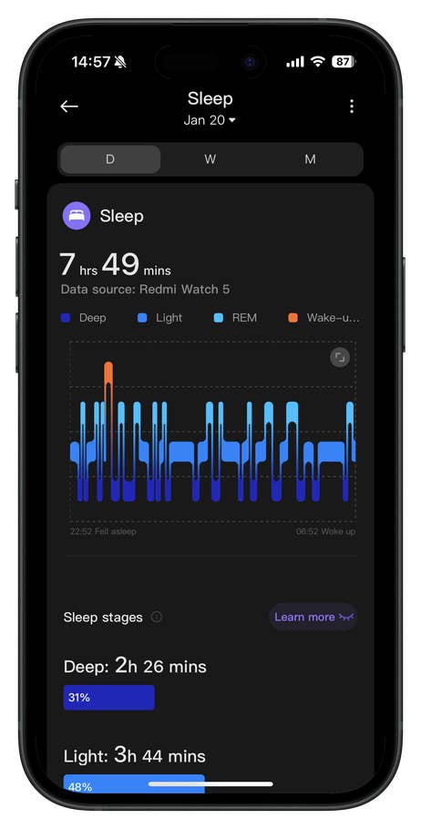 Données de sommeil de la Redmi Watch 5, montrant 7 heures 49 minutes de sommeil avec des phases détaillées.
