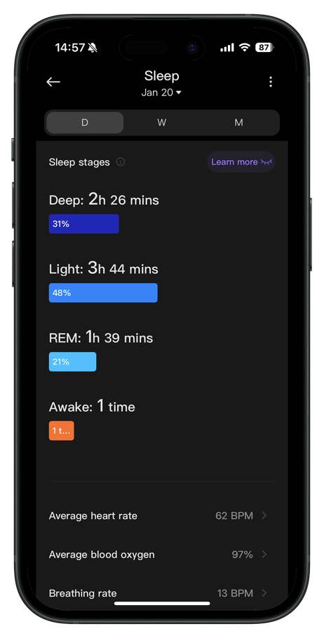 Montre Redmi 5 affichant les phases de sommeil : Profond 2h 26min, Léger 3h 44min, REM 1h 39min, Réveillé 1 fois.