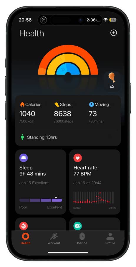 Écran de santé de la Redmi Watch 5 affichant les calories, les pas, le rythme cardiaque et les données de sommeil.