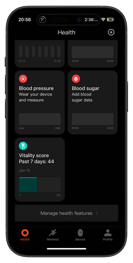 Écran de santé de la Redmi Watch 5 affichant des options pour la pression artérielle, le sucre dans le sang et le score de vitalité.
