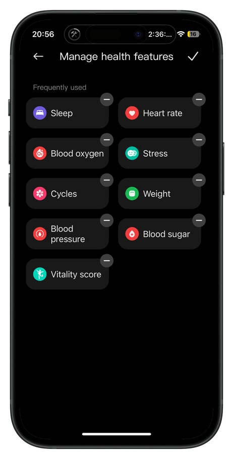 Interface de la Redmi Watch 5 affichant des fonctionnalités de santé : Sommeil, Fréquence cardiaque, Oxygène sanguin, Stress, Poids, Pression artérielle, Vitalité.
