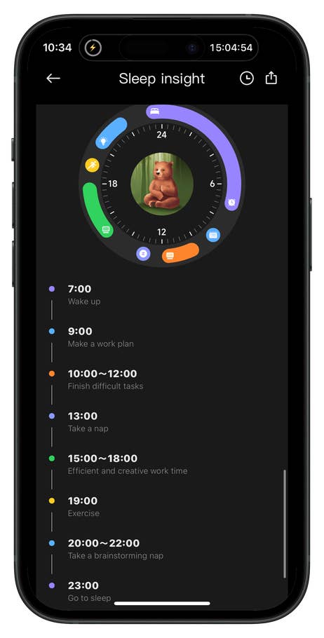 La montre Redmi 5 affiche des informations sur le sommeil et un emploi du temps quotidien de 7h00 à 23h00.