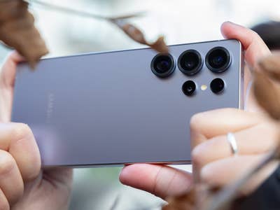 Une personne tenant le dos d'un smartphone Samsung Galaxy S25 Ultra au milieu de feuilles séchées.