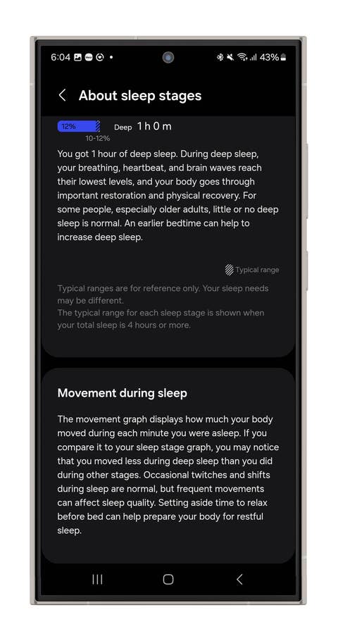 Captures du0027écran des mesures de suivi du sommeil de la Galaxy Watch Ultra