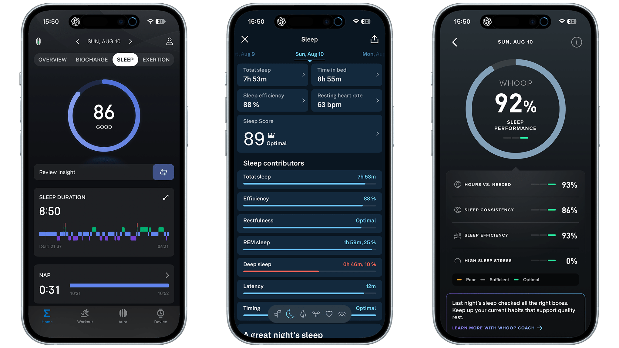 Comparaison des scores de sommeil sur trois écrans mobiles montrant diverses métriques et insights.