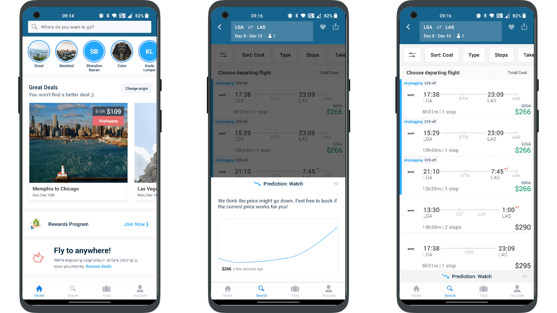 Screenshots of the Skiplagged app UI