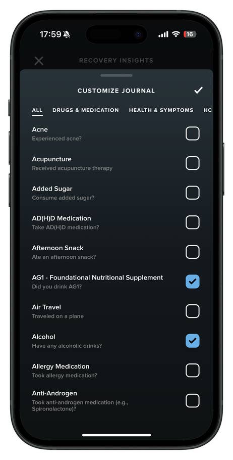 Écran montrant un journal du0027indicateurs pour la récupération avec des cases à cocher.