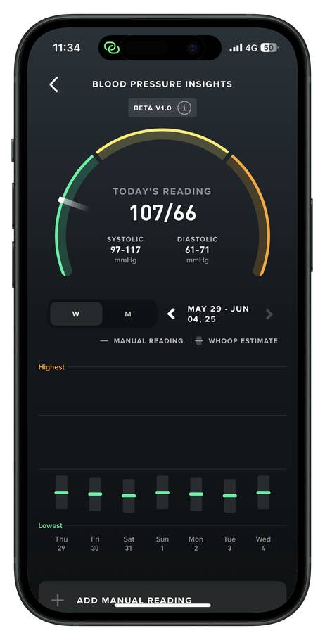 Application mobile montrant la pression artérielle : 107/66, avec valeur systolique et diastolique.