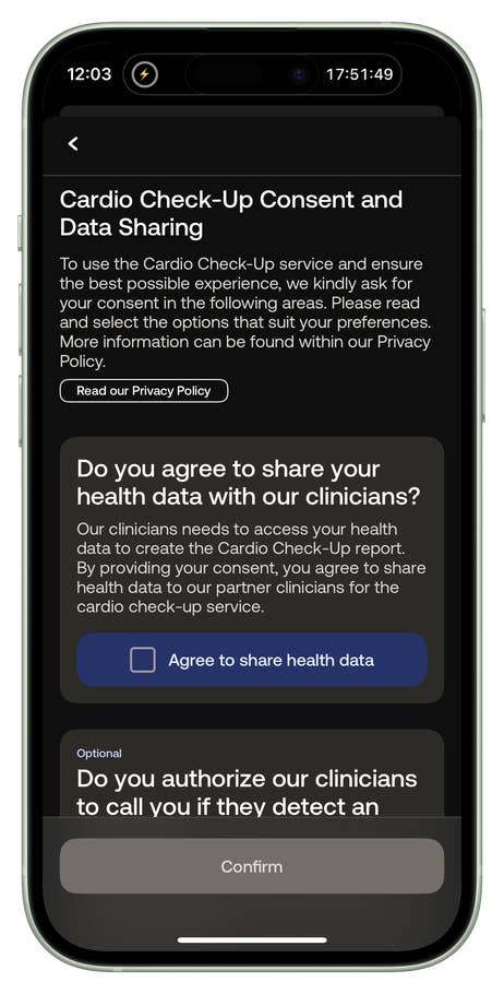 Consentement à la vérification cardiaque sur un écran de smartphone.
