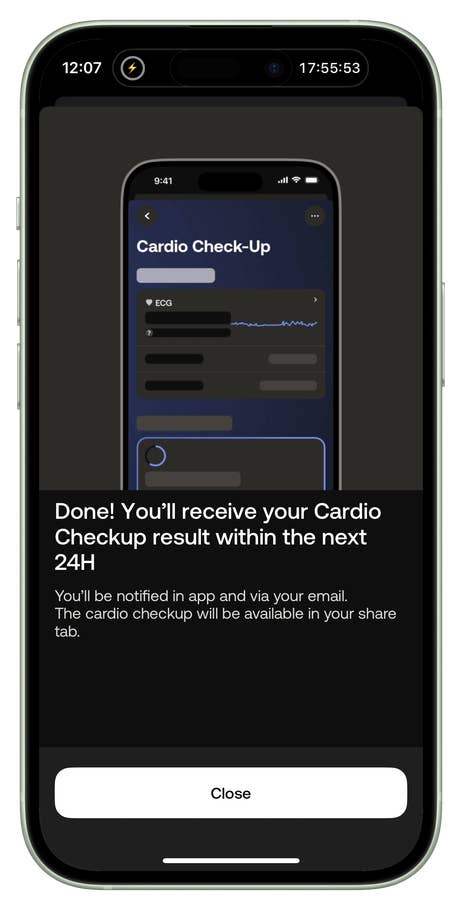 Notification de résultat de Cardio Check-Up sur un écran de mobile. Texte : u0027Fait! Vous recevrez le résultat de votre Cardio Checkup dans les 24 heures.u0027