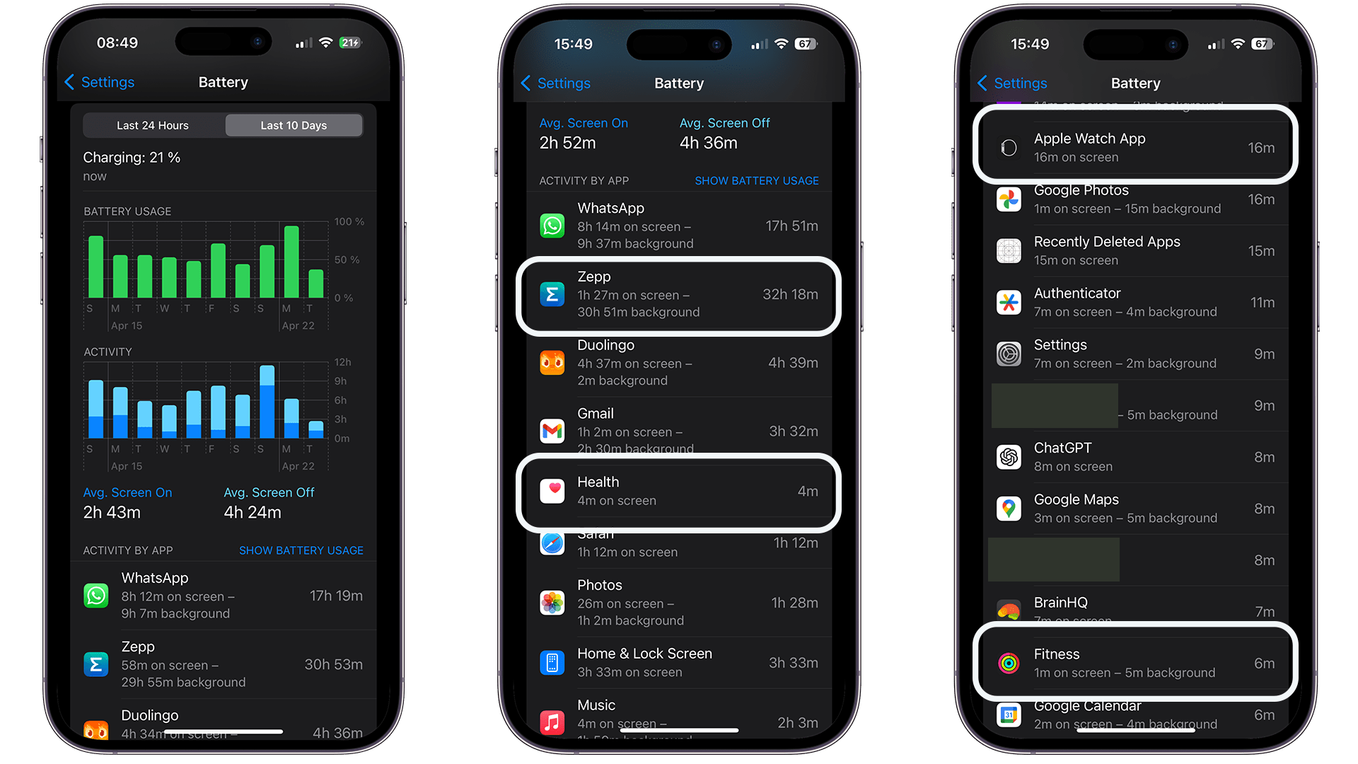Captures d'écran application Zepp