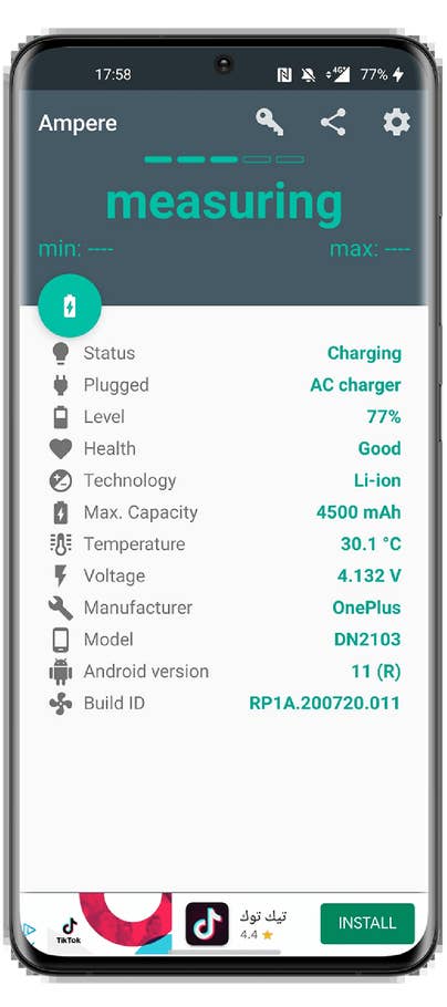 Application du0027état de la batterie affichant les détails de charge : niveau 77 %, capacité 4500 mAh, température 30,1°C, OnePlus.
