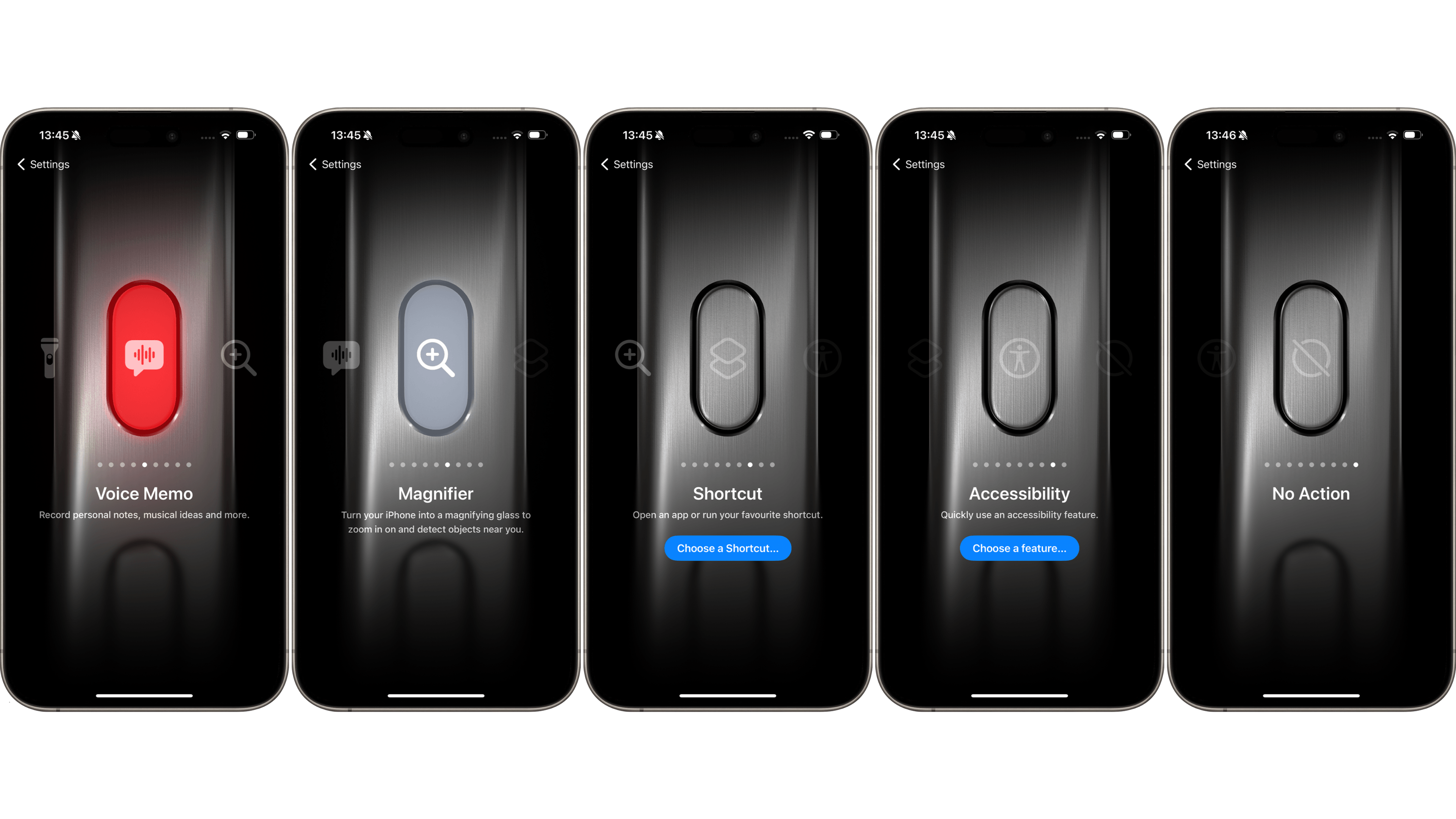 Capture d'écran de l'iPhone 15 Pro Max montrant les différentes fonctions qu'on peut assigner au bouton d'action