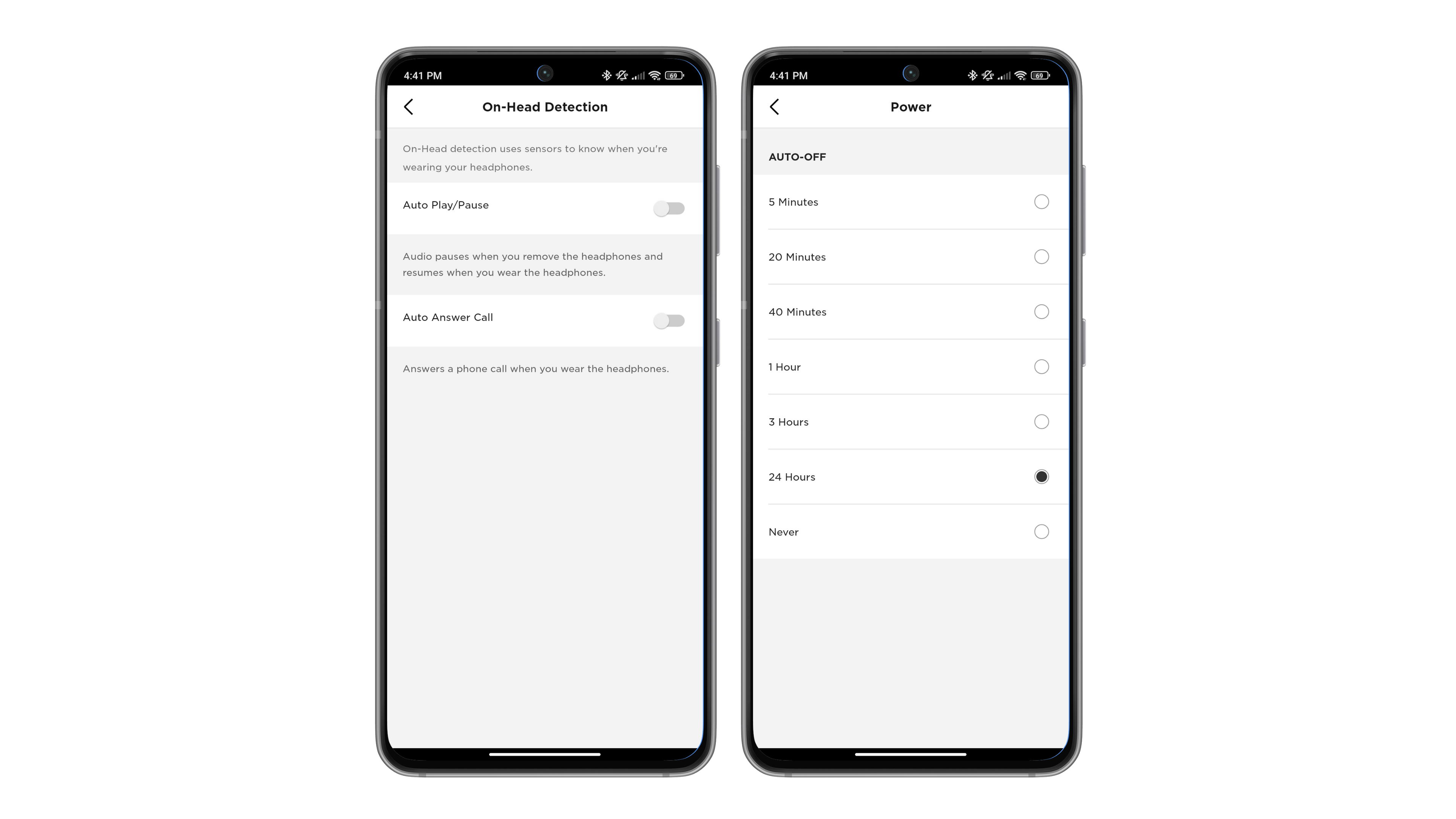 Captures d'écran de l'application Bose Music montrant les fonctions de détection de port et de mise en veille automatique