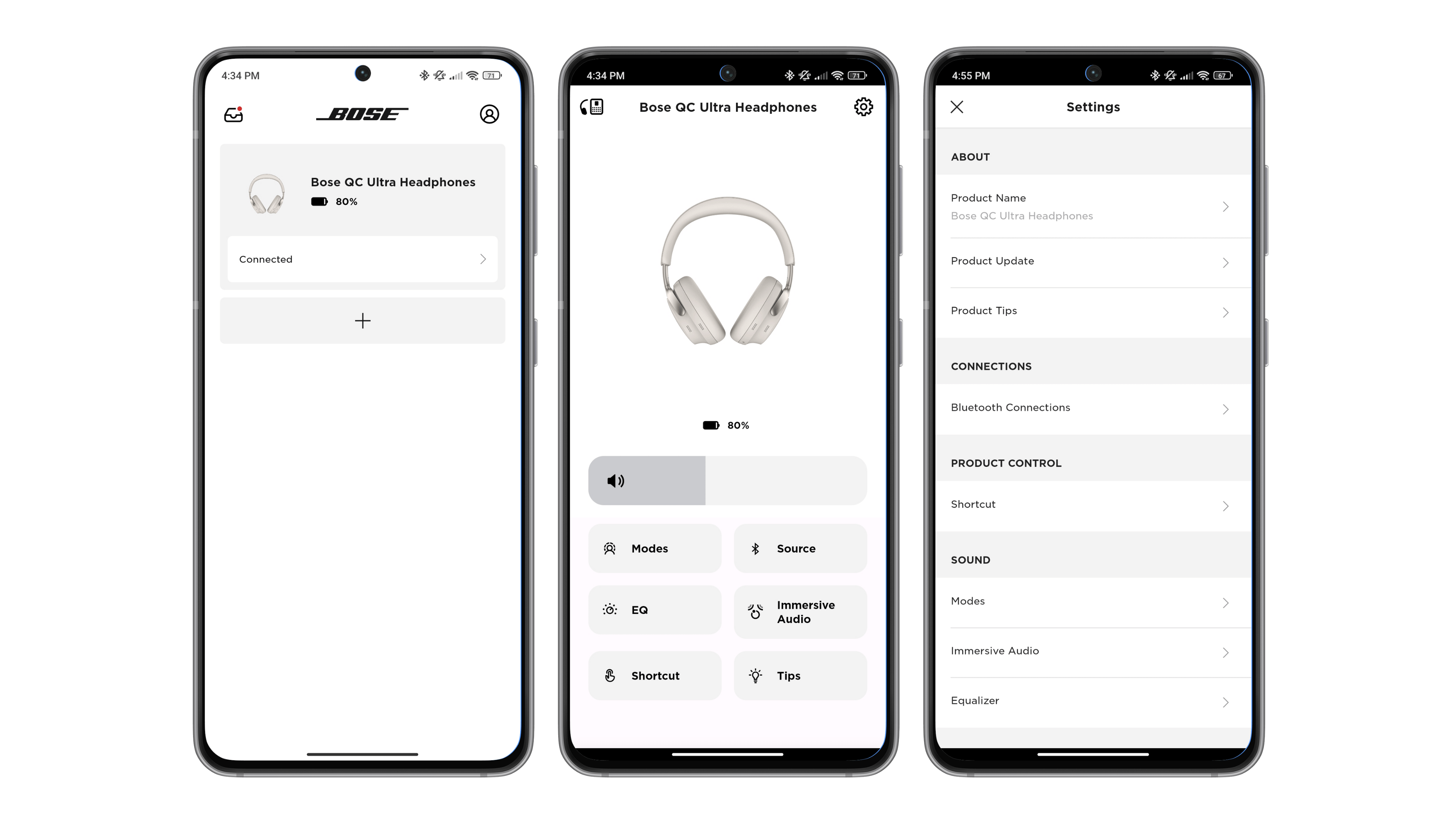Captures d'écran de l'application Bose Music montrant l'interface centrale