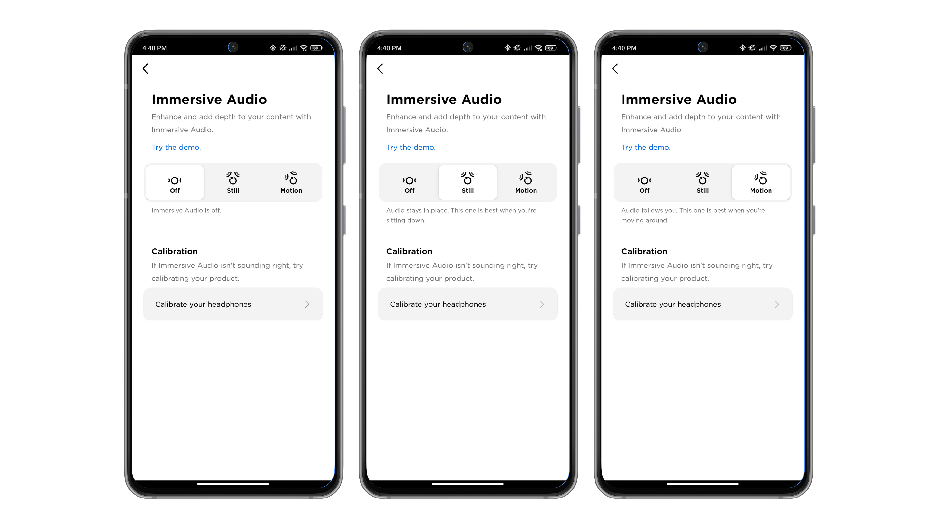 Captures d'écran de l'application Bose Music montrant les deux modes d'audio à 360°: Immobile et Mouvement