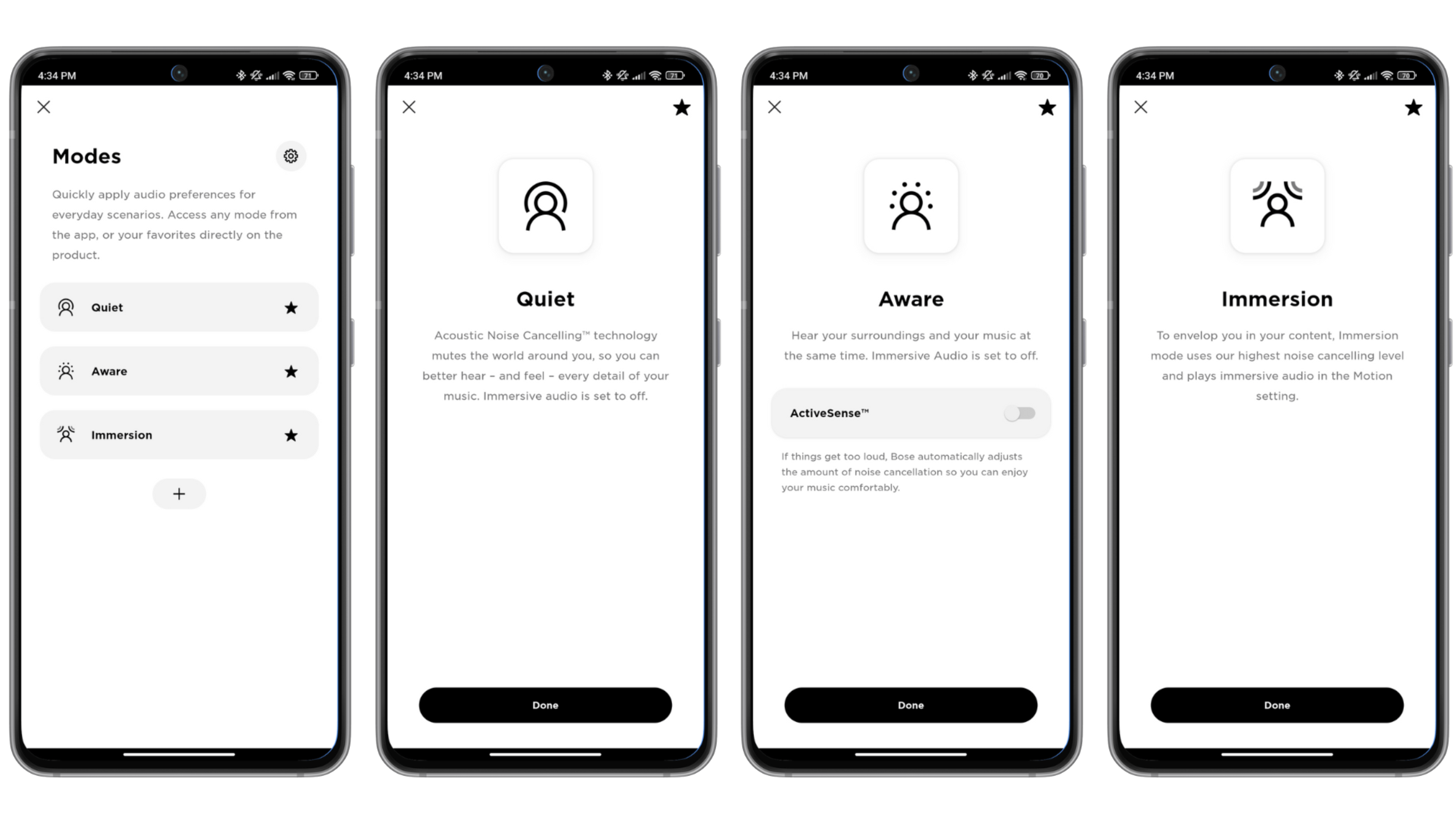 Captures d'écran de l'application Bose Music montrant les trois modes audio du casque: ANC, transparence et audio 360°