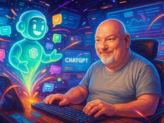 Un homme à un ordinateur interagit avec un personnage ChatGPT lumineux au milieu d'éléments numériques colorés.