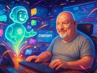 Un homme à un ordinateur interagit avec un personnage ChatGPT lumineux au milieu d'éléments numériques colorés.