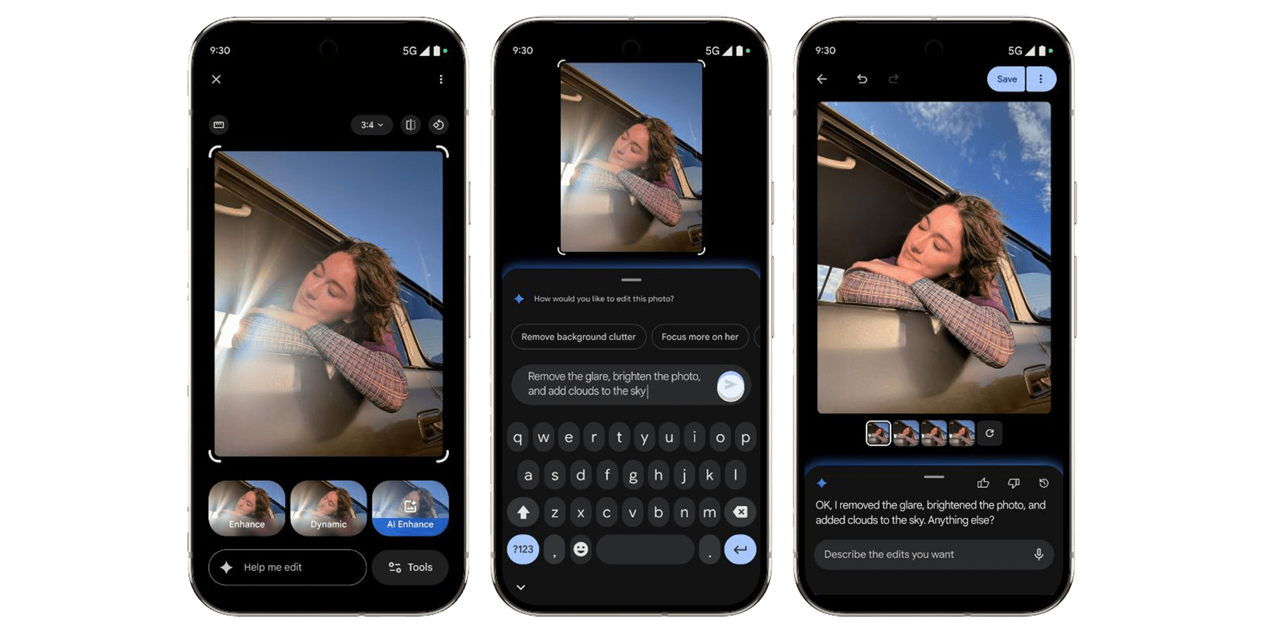 Trois smartphones affichant des fonctionnalités de retouche photo et une femme penchée par la fenêtre d'une voiture.