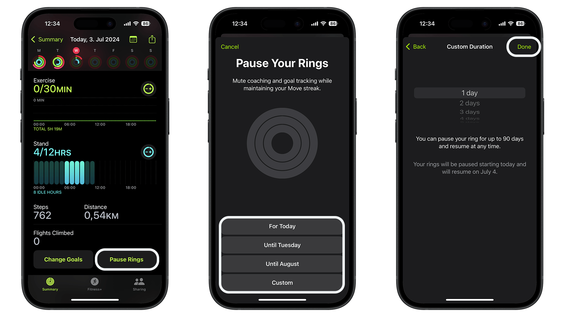 Captures d'écran désactivation anneaux activité